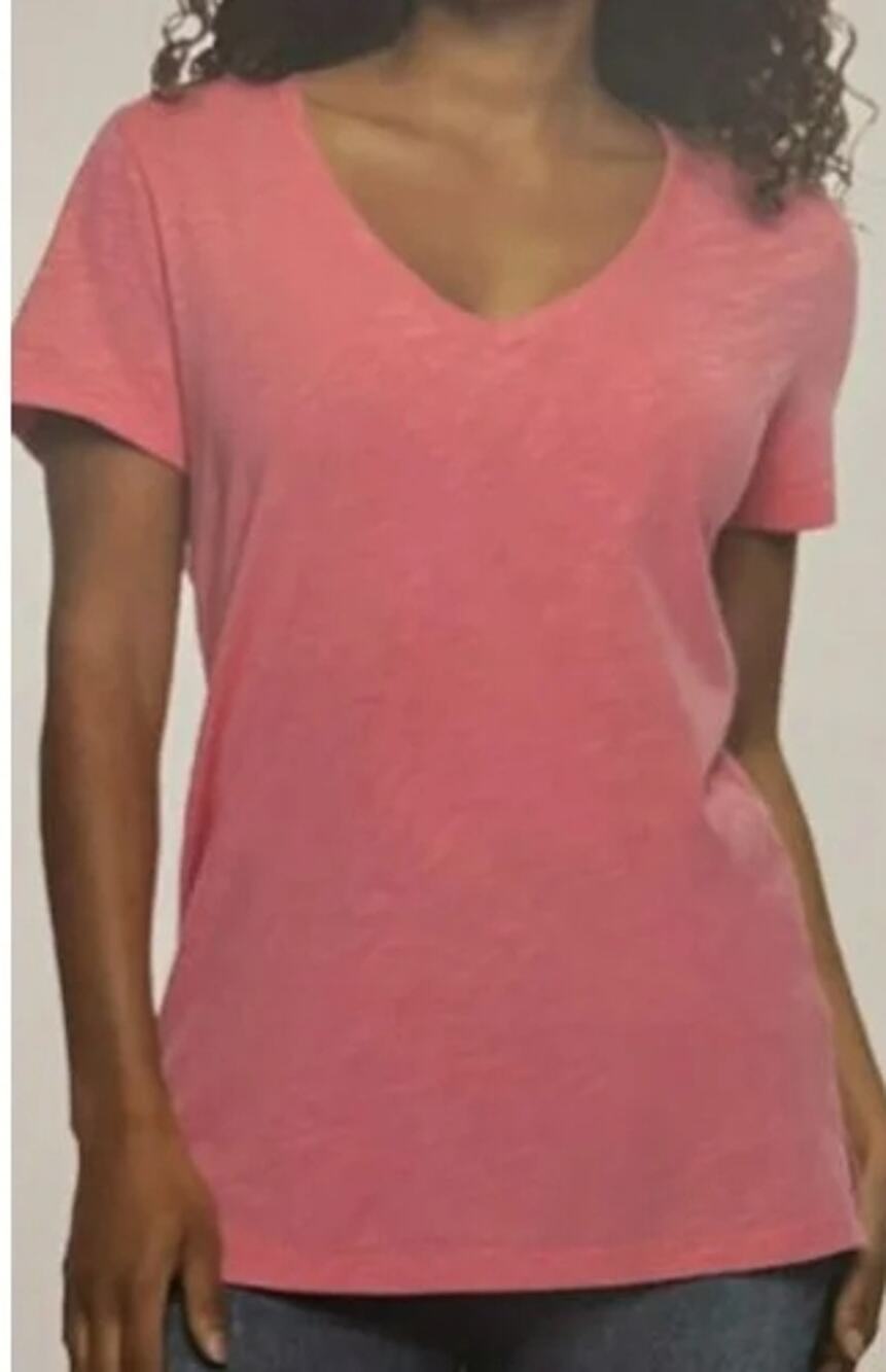 *FELINA Ladies' Slub Jersey V-Neck Short Sleeve Top, Pink Chateau Rose - Medium
